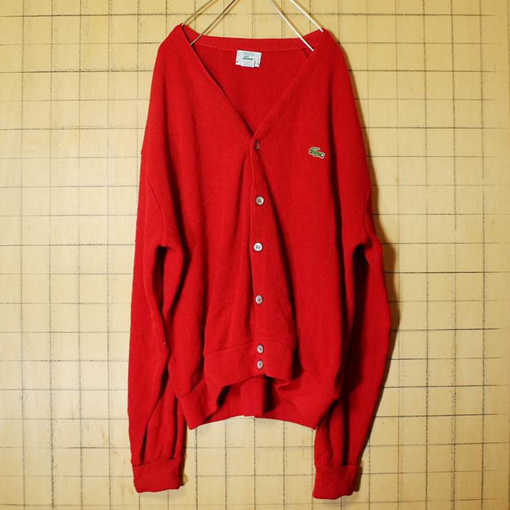 80s USA製 IZOD ラコステ LACOSTE カーディガン アクリル ニット レッド メンズL 091319aw63