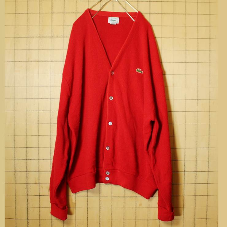 80s USA製 IZOD ラコステ LACOSTE カーディガン アクリル ニット レッド メンズXL ビッグサイズ 091319aw64