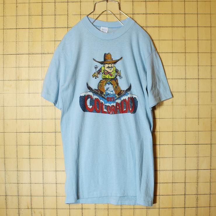 USA製 70s SKI COLORADO プリント 半袖 Tシャツ ライトブルー メンズM DIAMOND G カウボーイ 古着