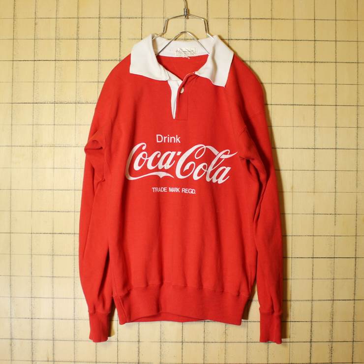 80s Coca-Cola コカ・コーラ ラガーシャツ ラグビー 長袖 レッド フロッキープリント メンズS 古着