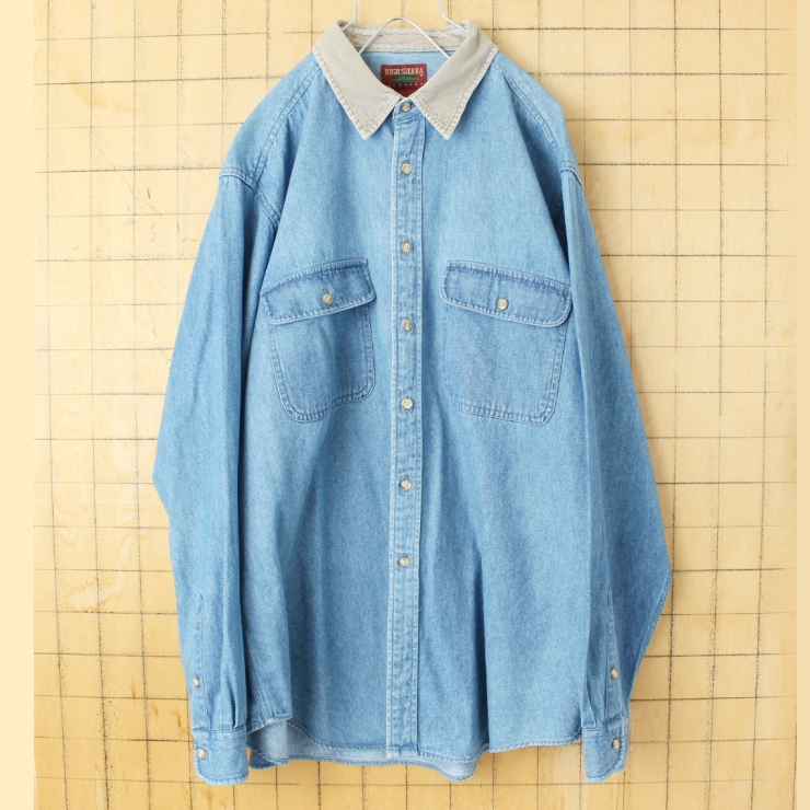 90s USA HIGH SIERRA 長袖デニムシャツ メンズL ブルー コーデュロイ アメリカ古着