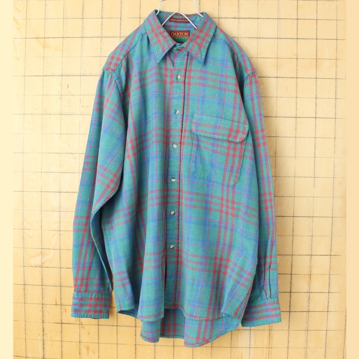 90s USA OAKTON 長袖フランネルチェックシャツ メンズL グリーン アメリカ古着