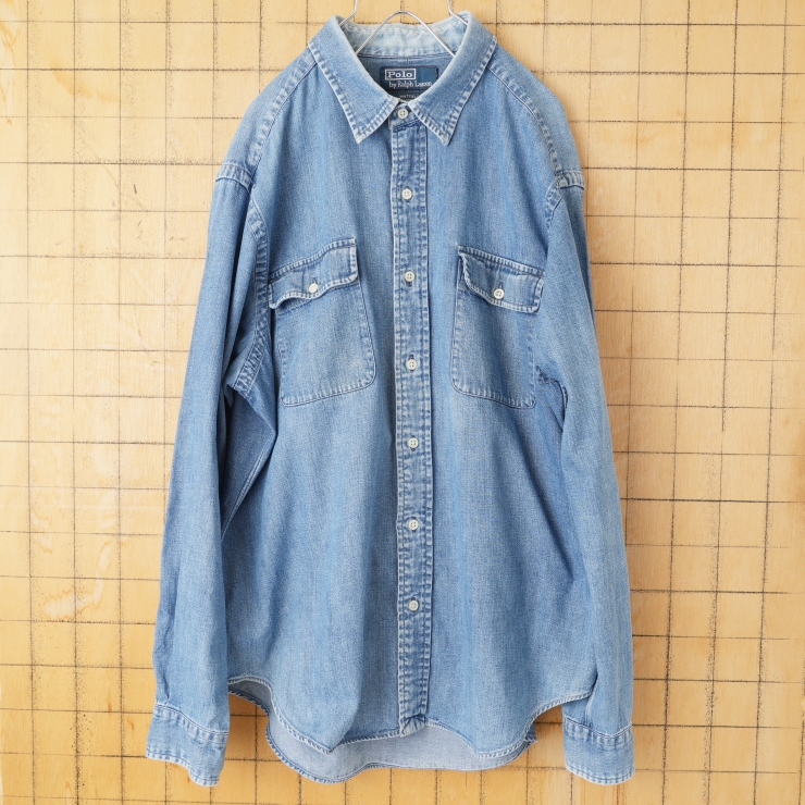 90s USA Polo RALPH LAUREN WHITFIELD ポロラルフローレン 長袖デニムシャツ ブルー メンズL相当 アメリカ古着