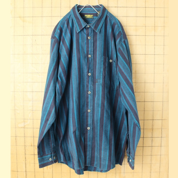 ビッグサイズ 90s 00s ハンガリー製 OSH KOSH オシュコシュ ストライプシャツ ブルー メンズXL 長袖 ヨーロッパ古着