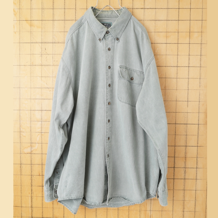 ビッグサイズ 80s 90s USA Woolrich コットンボタンダウンシャツ モスグレー メンズXL 長袖 アウトドア アメリカ古着