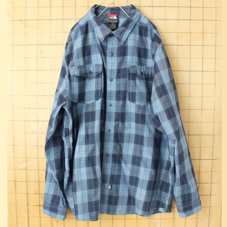 USA THE NORTH FACE ノースフェイス フランネルチェックシャツ ブルー メンズXL 長袖 アウトドア アメリカ古着