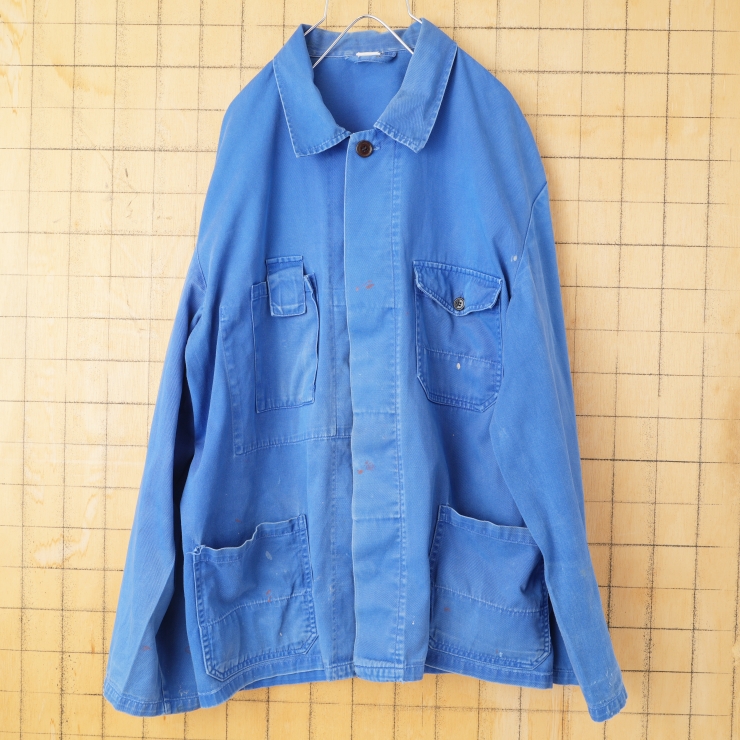 70s 80s ユーロ コットンツイルワークジャケット カバーオール メンズL相当 ブルー ヨーロッパ古着