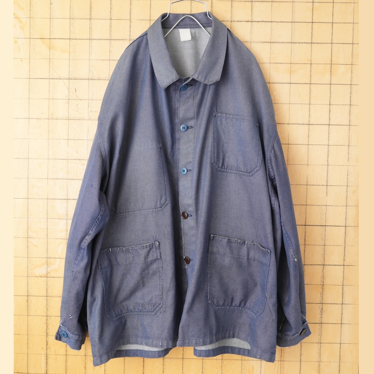 ビッグサイズ 70s 80s ユーロ デニムワークジャケット カバーオール メンズ2XL相当 ネイビー ブルー ヨーロッパ古着