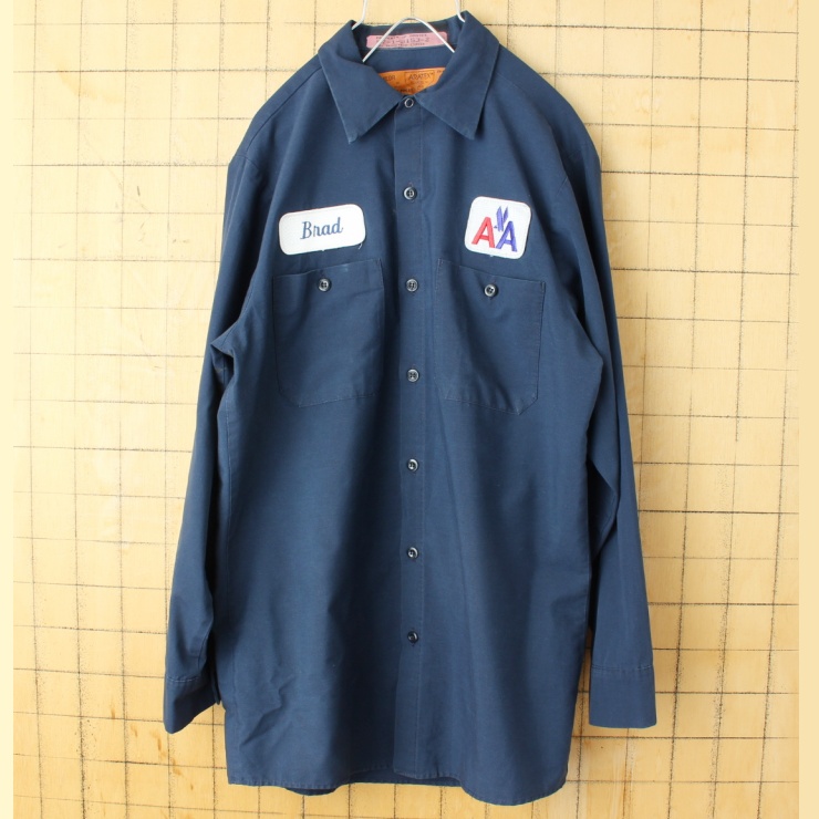 80s 90s USA ARATEX ワッペン ワーク シャツ ネイビー ブルー メンズM 長袖 アメリカ古着 080923aw126