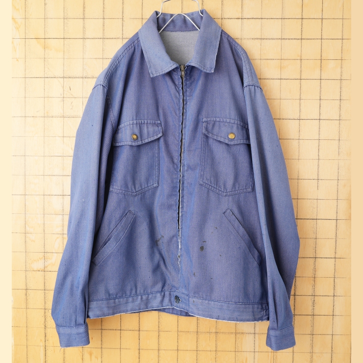 70s 80s ユーロ ジップアップ デニムワークジャケット カバーオール メンズL相当 ネイビー ブルー ヨーロッパ古着
