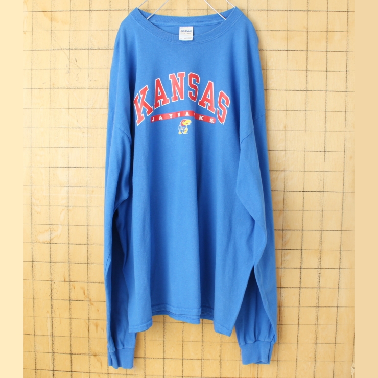ビッグサイズ USA GILDAN KANSAS プリント長袖Tシャツ ロンT ブルー メンズ2XL アメリカ古着