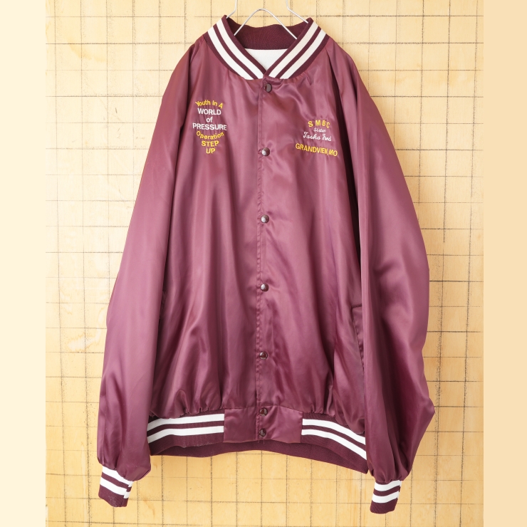 ビッグサイズ 80s 90s USA製 WESTARK ナイロンスタジアムジャケット メンズ3XL ボルドー スタジャン アワード アメリカ古着
