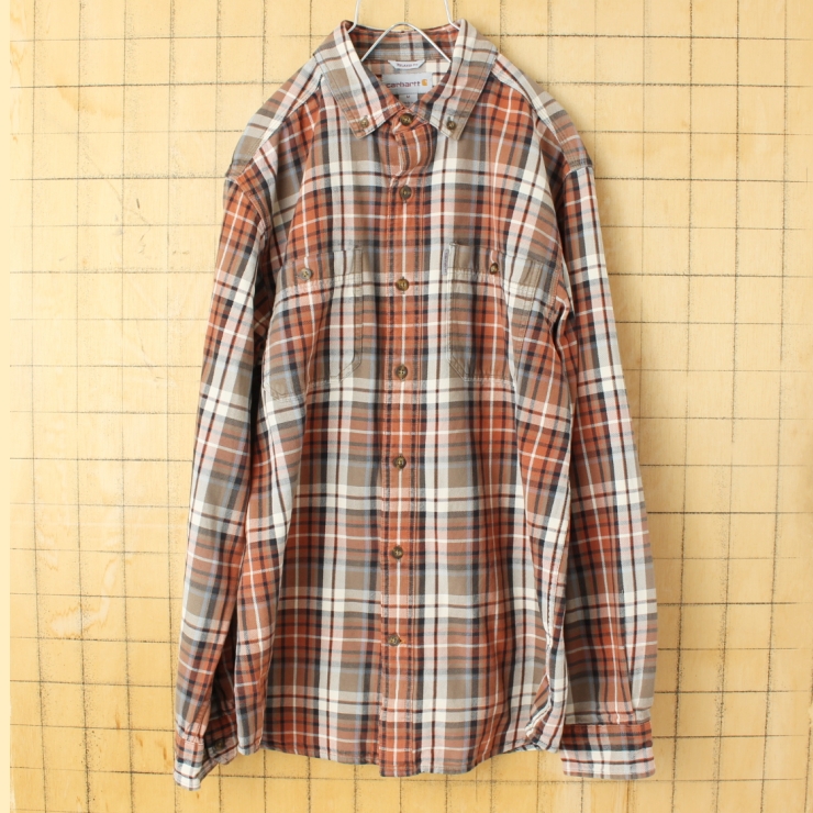 USA carhartt カーハート チェックボタンダウンシャツ ブラウン メンズM 長袖 アメリカ古着