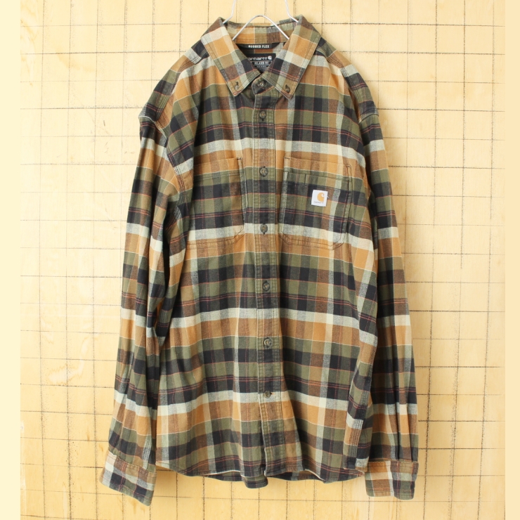 USA carhartt カーハート チェックボタンダウンシャツ グリーン ブラウン メンズL 長袖 アメリカ古着