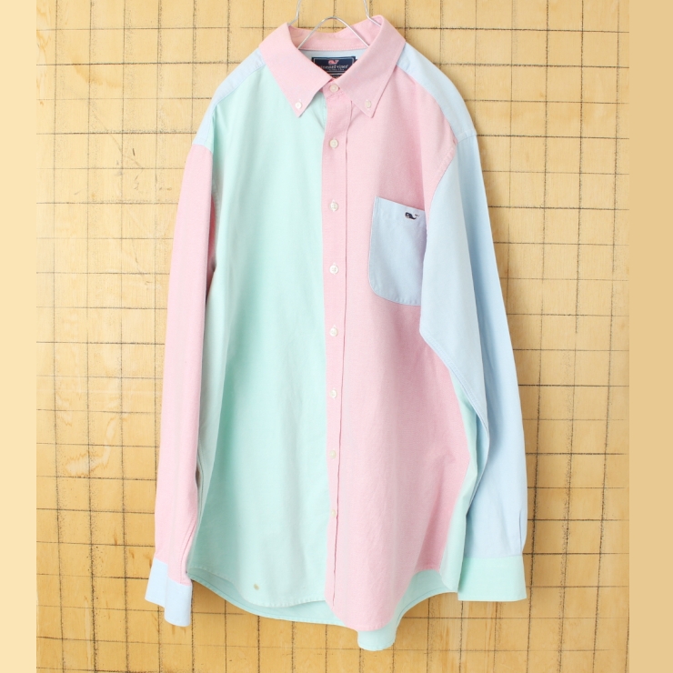 USA vineyard vines ボタンダウンシャツ グリーン レッド ブルー メンズL 長袖 アメリカ古着