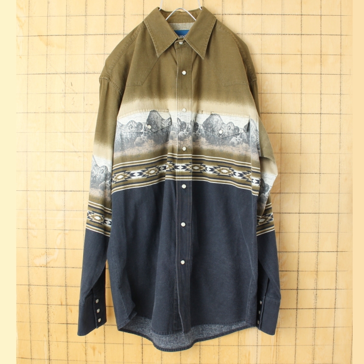 80s 90s USA Wrangler ラングラー バッファロー柄ウエスタンシャツ ブラック メンズML相当 長袖 アメリカ古着