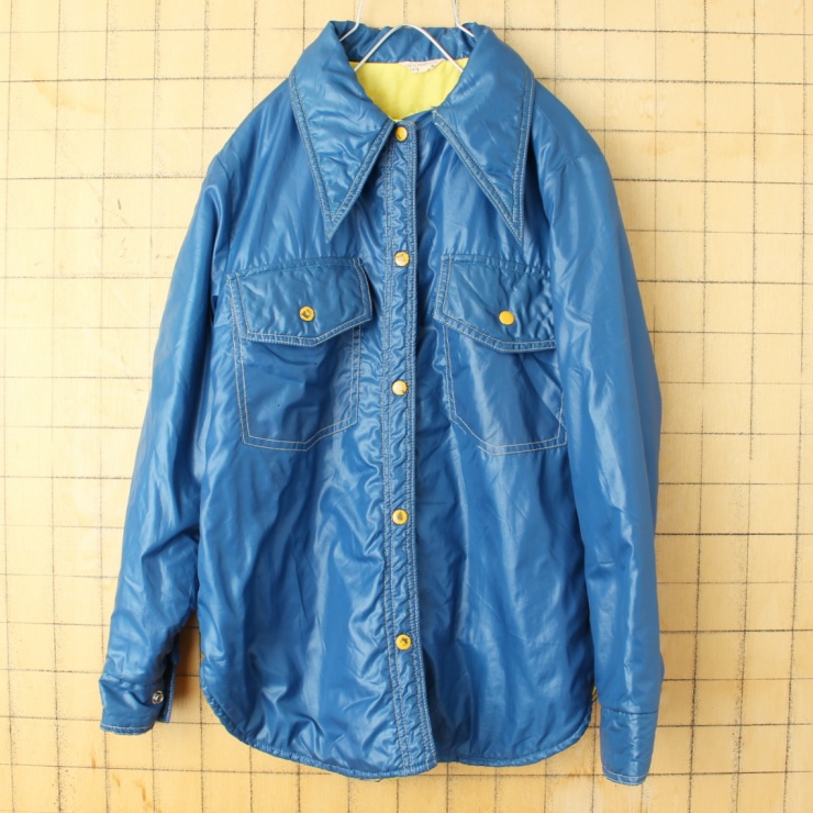 70s 80s USA 中綿 ナイロン シャツ ジャケット ネイビー ブルー レディースM メンズS相当 アメリカ古着