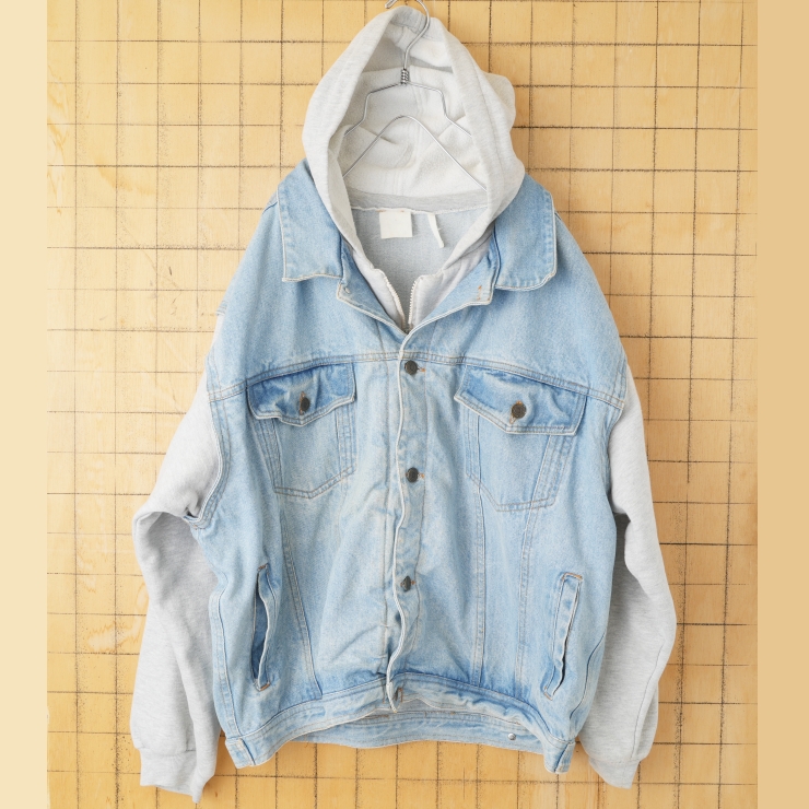 80s 90s USA JONATHAN G スウェットパーカーデニムジャケット メンズXL相当 ブルー アメリカ古着