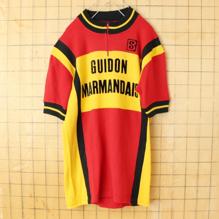 70s 80s FRANCE burdigala sport 半袖サイクリングジャージ シャツ プルオーバー レッド イエロー メンズSM相当 ニット ヨーロッパ古着