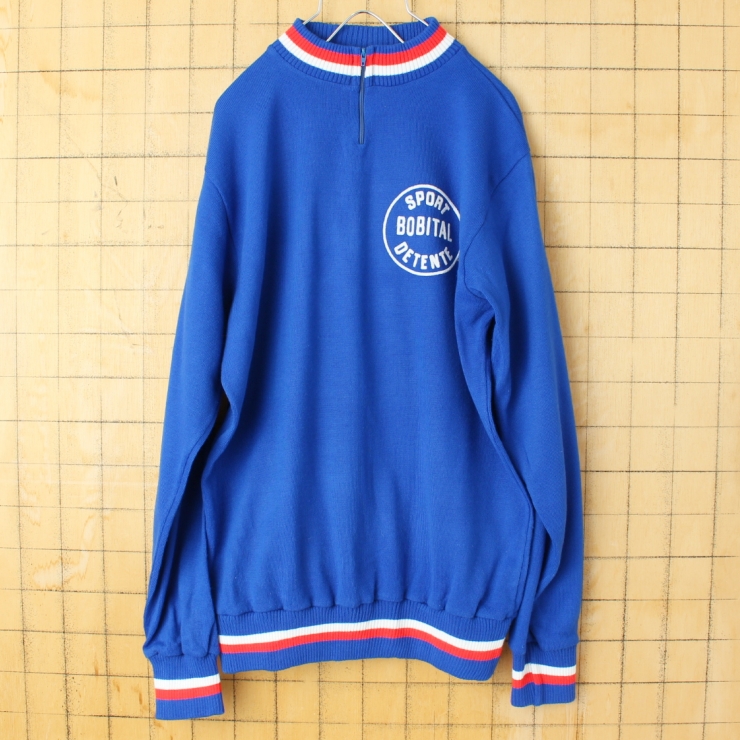 70s 80s FRANCE Crylor 長袖サイクリングジャージ シャツ プルオーバー ブルー メンズM相当 ニット ヨーロッパ古着