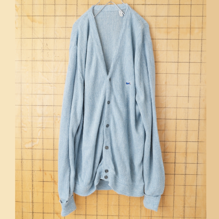 70s 80s USA Lacoste アクリルニットカーディガン ライトブルー メンズM アメリカ古着
