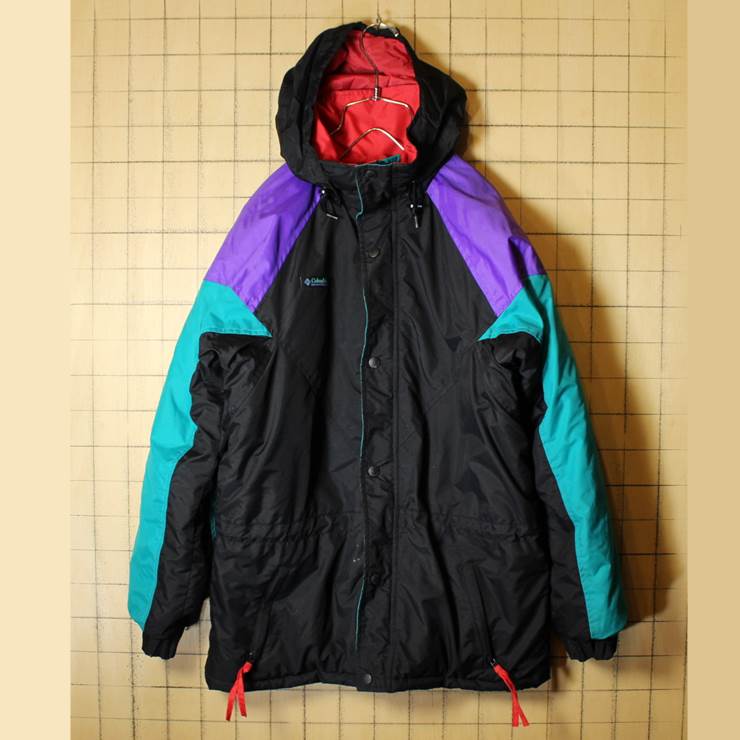 80s-90s Columbia コロンビア 中綿 ナイロン ジャケット パーカー ジップアップ ブラック メンズSM相当 レディースML 古着 フード