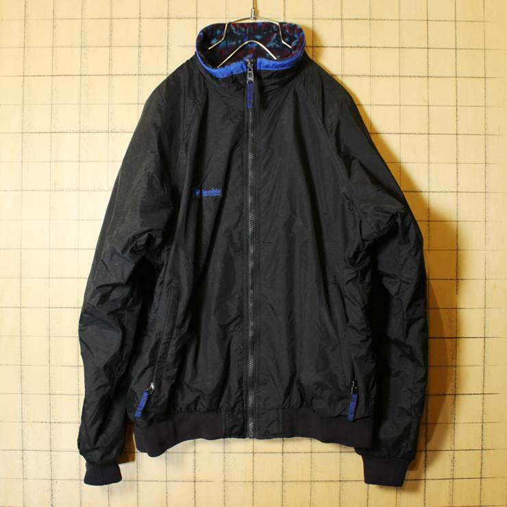 80s-90s Columbia コロンビア 中綿 ナイロン ジャケット 裏総柄フリース ジップアップ ブラック メンズM相当 レディースL相当 古着