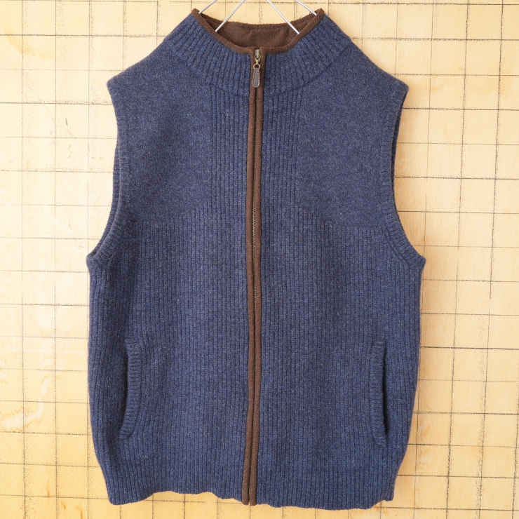 90s 00s USA LLBean ジップアップウールニットベスト メンズM相当 ネイビーブルー アメリカ古着