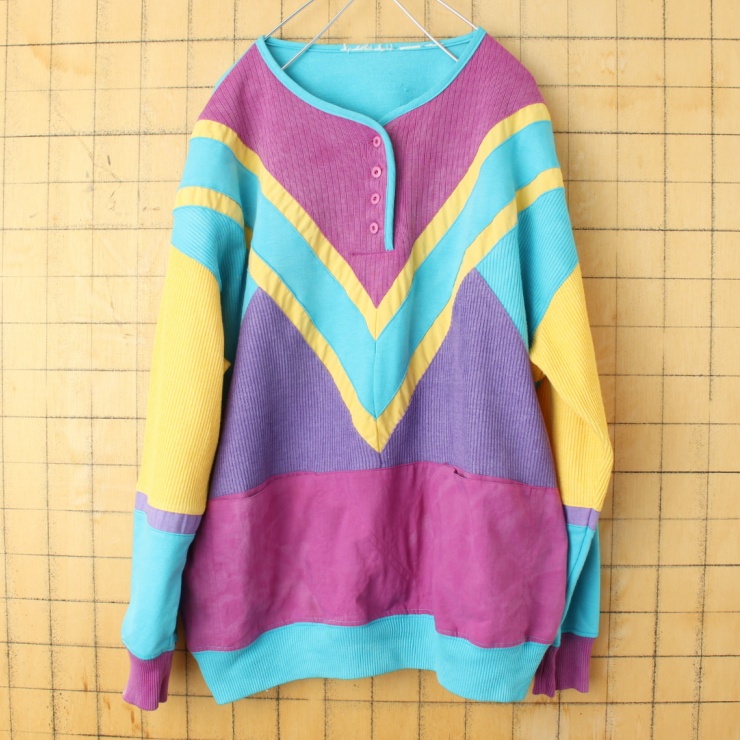 80s 90s EURO カラフル ヘンリーネック スウェット パープル ブルー