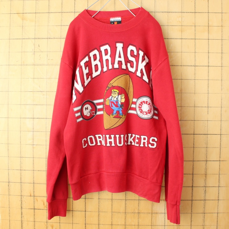 80s 90s USA製 SIGNAL NEBRASKA CORNHUSKERS プリント スウェット レッド メンズM アメリカ古着