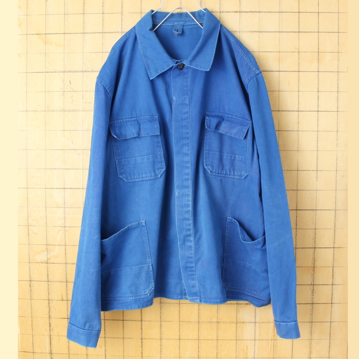 70s 80s ユーロ コットンツイルワークジャケット カバーオール メンズXL相当 ネイビー ブルー ヨーロッパ古着