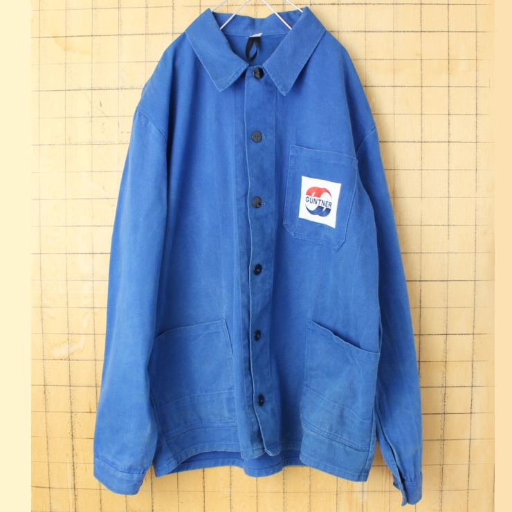 70s 80s ユーロ GUNTNER ワッペン コットンツイルワークジャケット カバーオール メンズXL相当 ネイビー ブルー ヨーロッパ古着