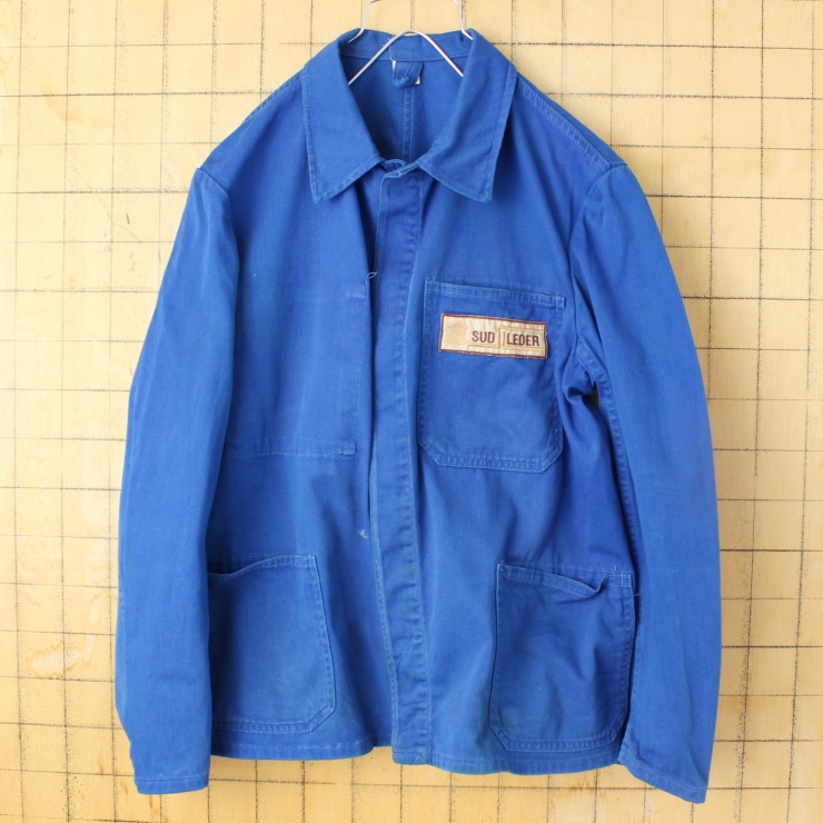 70s 80s ドイツ SUDLEDER ワッペン コットンツイルワークジャケット カバーオール メンズL相当 ネイビー ブルー ユーロ ヨーロッパ古着