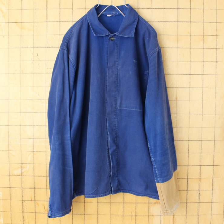 70s 80s ユーロ リメイク コットンツイルワークジャケット カバーオール メンズL相当 ネイビー ブルー ヨーロッパ古着
