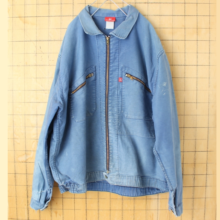 ビッグサイズ 70s 80s フランス製 Adolphe Lafont モールスキン ジップアップワークジャケット カバーオール メンズ2XL相当 ネイビー ブルー ヨーロッパ古着