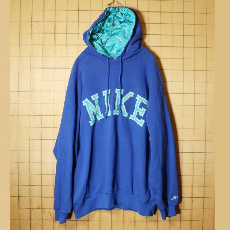 80s 90s EURO NIKE ナイキ スウェットパーカー ブルー メンズL相当 フーディー デカロゴ ポルトガル製 ヨーロッパ古着 100720aw27