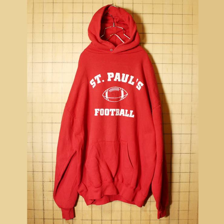 ビッグサイズ USA製 JERZEES プリント スウェットパーカー レッド メンズ2XL フーディー ST.PAUL'S FOOTBALL