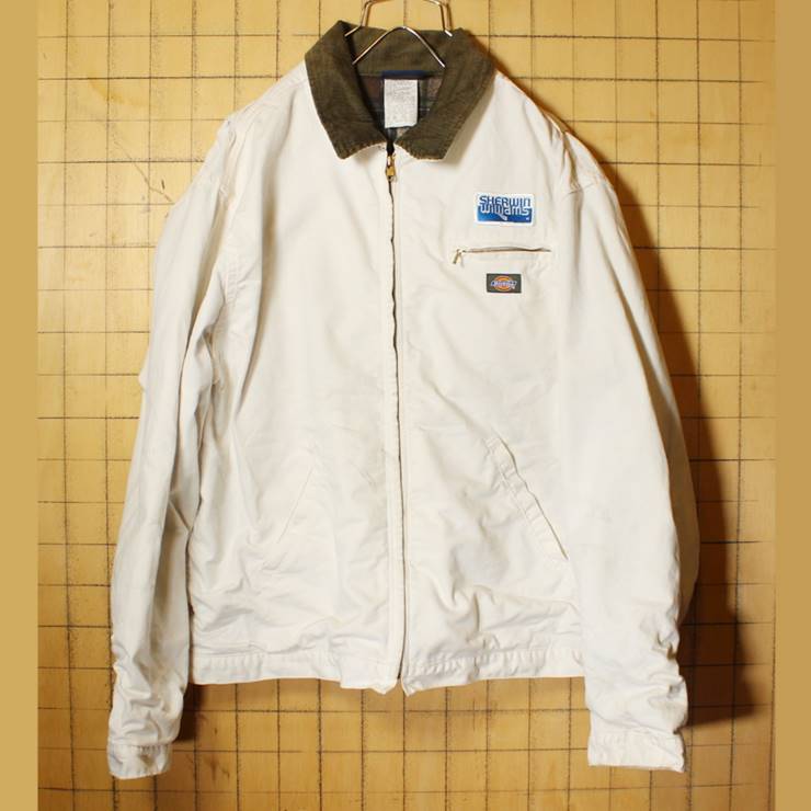 Dickies ディッキーズ ダックジャケット メンズXL ホワイト ワッペン 裏ブランケット バックプリント カバーオール 古着