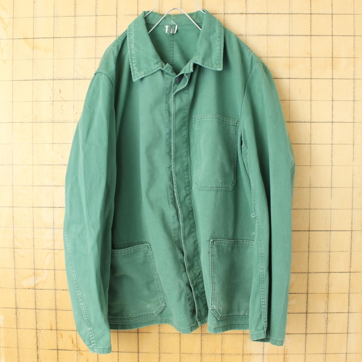 70s 80s ユーロ コットンツイルワークジャケット カバーオール メンズL相当 グリーン ヨーロッパ古着 082725aw66