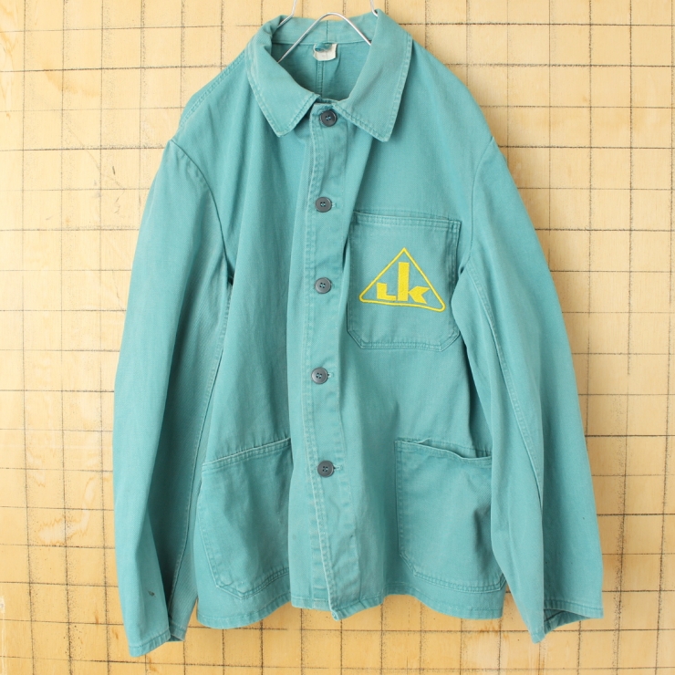 70s 80s ユーロ LK コットンツイルワークジャケット カバーオール メンズL相当 グリーン 刺繍 ヨーロッパ古着