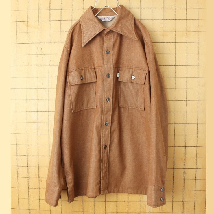 70s 80s USA Levis PANATELA 長袖 シャツ メンズL ブラウン ビッグE アメリカ古着