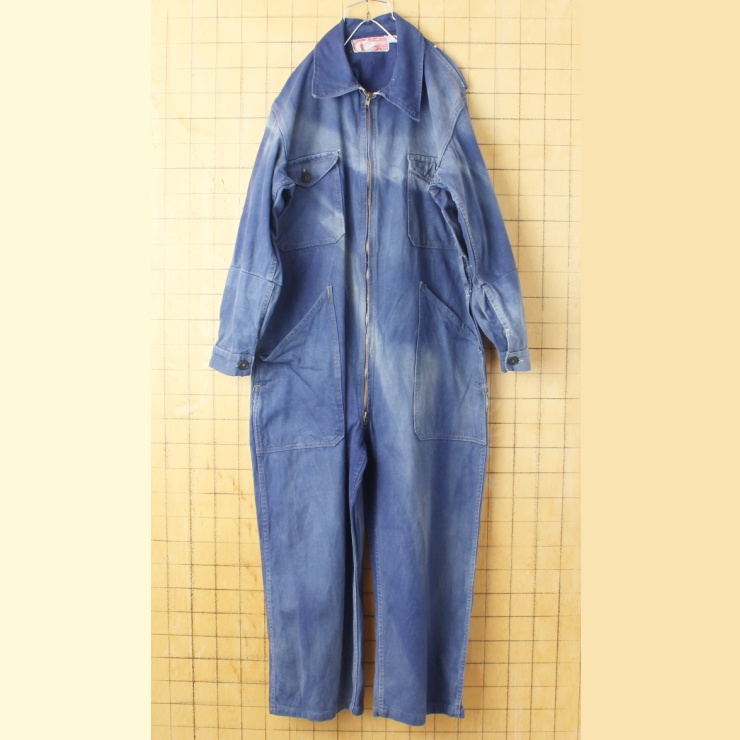 60s 70s France LE VETEMENT ATLANTIOUE コットン ツイル ワーク オールインワン W41相当 ネイビー ブルー つなぎ ヨーロッパ古着
