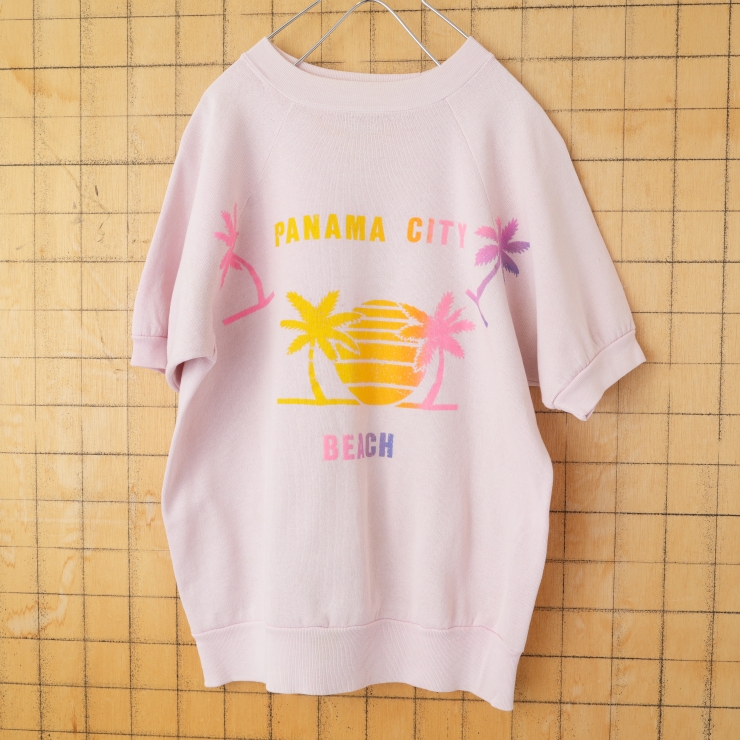 70s 80s USA製 202 USA PANAMA BEACH 半袖スウェット ピンク メンズM アメリカ古着