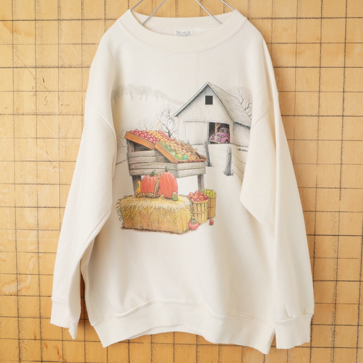 80s 90s USA製 ACTIVE WEAR パンプキン プリントスウェット ベージュ メンズL アメリカ古着