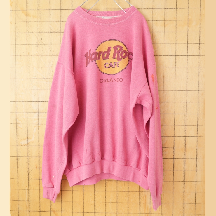 80s 90s USA製 Hard Rock CAFE プリントスウェット ピンク メンズXL アメリカ古着