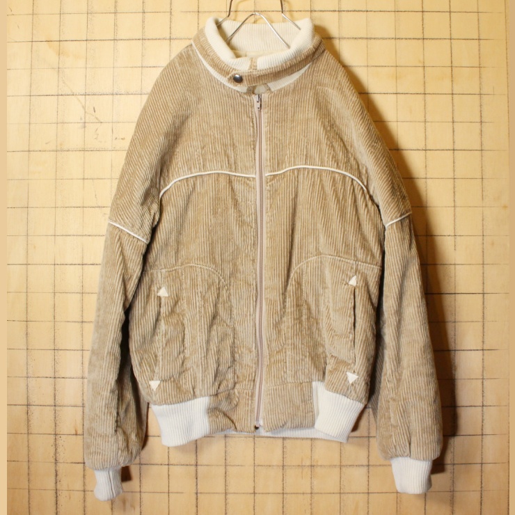 60s 70s フランス製 太畝コーデュロイ ジップアップ ジャケット メンズM相当 ベージュ 中綿 ヨーロッパ古着