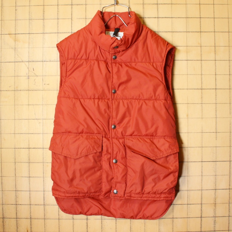 70s 80s USA製 Woolrich ウールリッチ ナイロン 中綿 ベスト メンズXS相当 レッド レンガ リサイズ アウトドア アメリカ古着