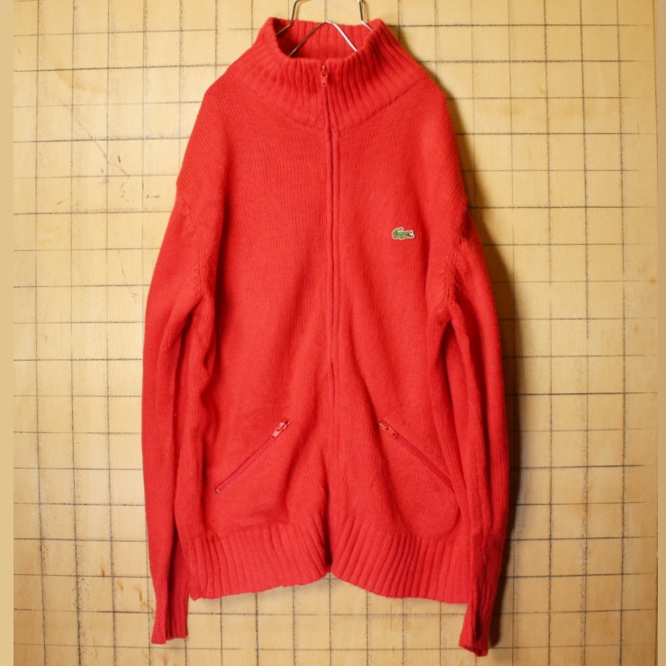 80s USA LACOSTE CLUB ラコステ アクリル ニット ジップアップ カーディガン レッド メンズL アメリカ古着 / 古着屋