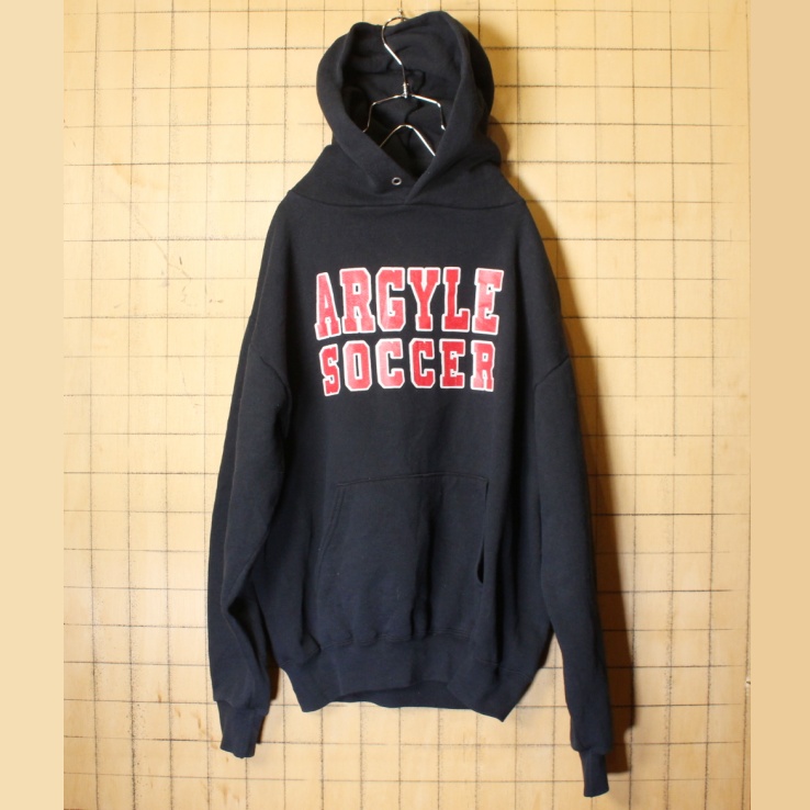 90s JERZEES ジャージーズ ARGYLE SOCCER プリント スウェット パーカー ブラック 黒 メンズM フーディー アメリカ古着