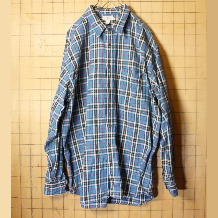 ビッグサイズ 90s old J.CREW チェック ヘビーフランネル シャツ ブルー ブラック メンズXL 長袖 Jクルー アメリカ古着